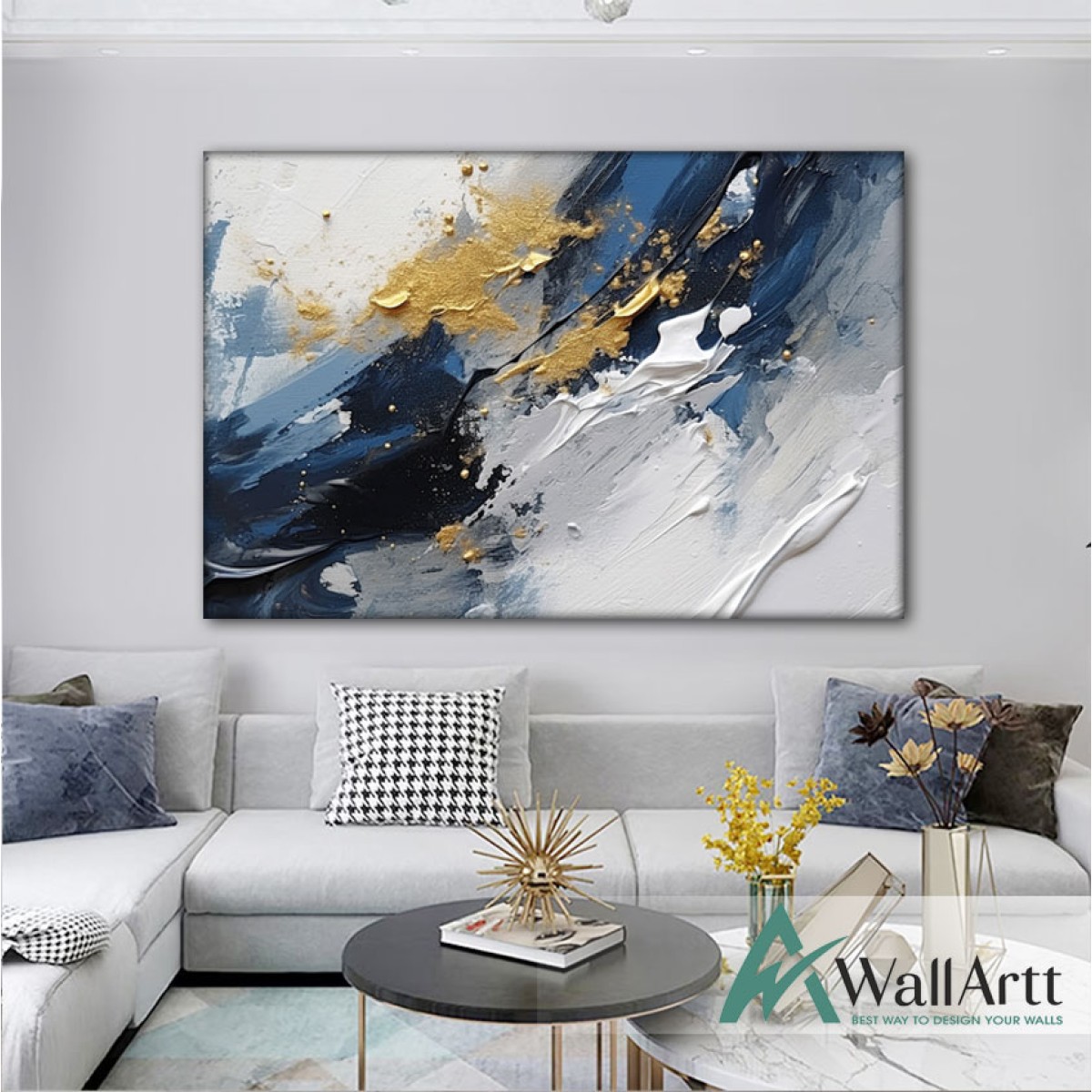 Navy Blue with Gold Textured Partial Oil Painting - Wall Art